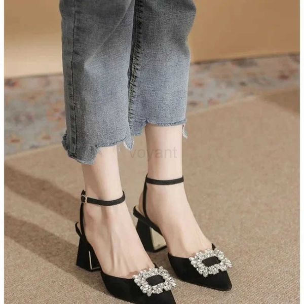 Light luxury sandals Ankle Strap Crystal Sandals for Wen Pointed Toe High H Sandalias De Mujer Shiny Rhines Square Heeled Pumps Z241120