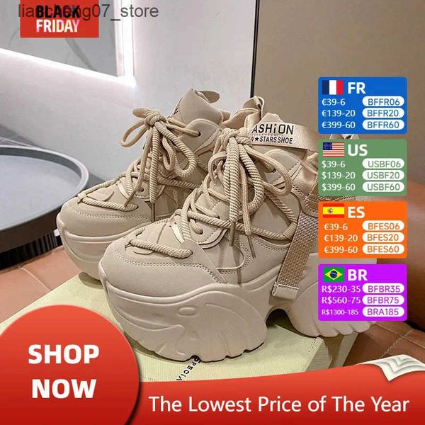 Casual Shoes Women Walking Sneakers Autumn Lace-up High Platform Chunky Shoes Breathable Leather Shoes 10CM Winter Wedge Heels Casual Shoes