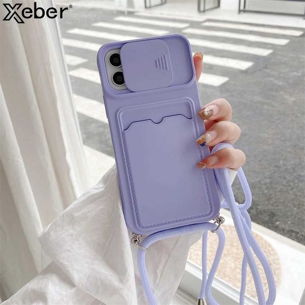 Cell Phone Pouches Crossbody Necklace Silde Camera Silicone Phone Case For iPhone 16 13 12 14 15 Pro Max Liquid Silicone Wallet Card Holder