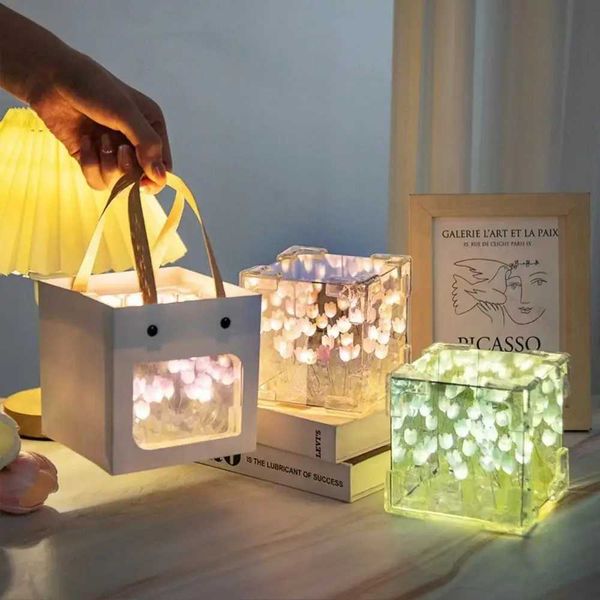 Creative Acrylic Tulip Night Light Handmade DIY Magic Cube Tulips Flower Table Lamp Creative 21 Flowers Mirror Birthday Gifts B240904