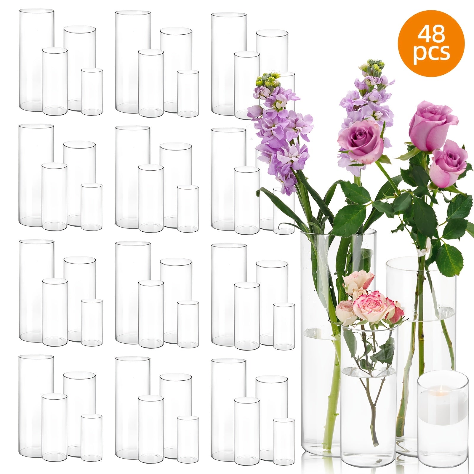 TEMU Tomnk 4-18-24-48pcs Clear Glass Cylinder Vases, 4, 6, 8, 10in Tall Cylinder Vases For Centerpieces, Glass Flower Vase, Hurricane Floating Candle
