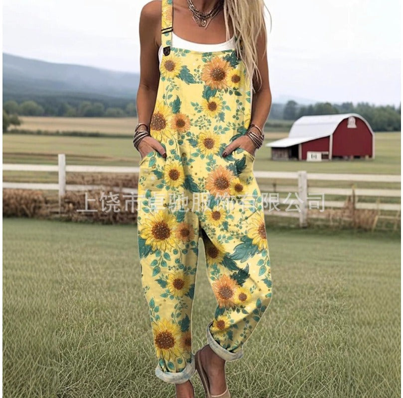 (1129) European and American Summer Printed Button-up Suspenders Casual Pants