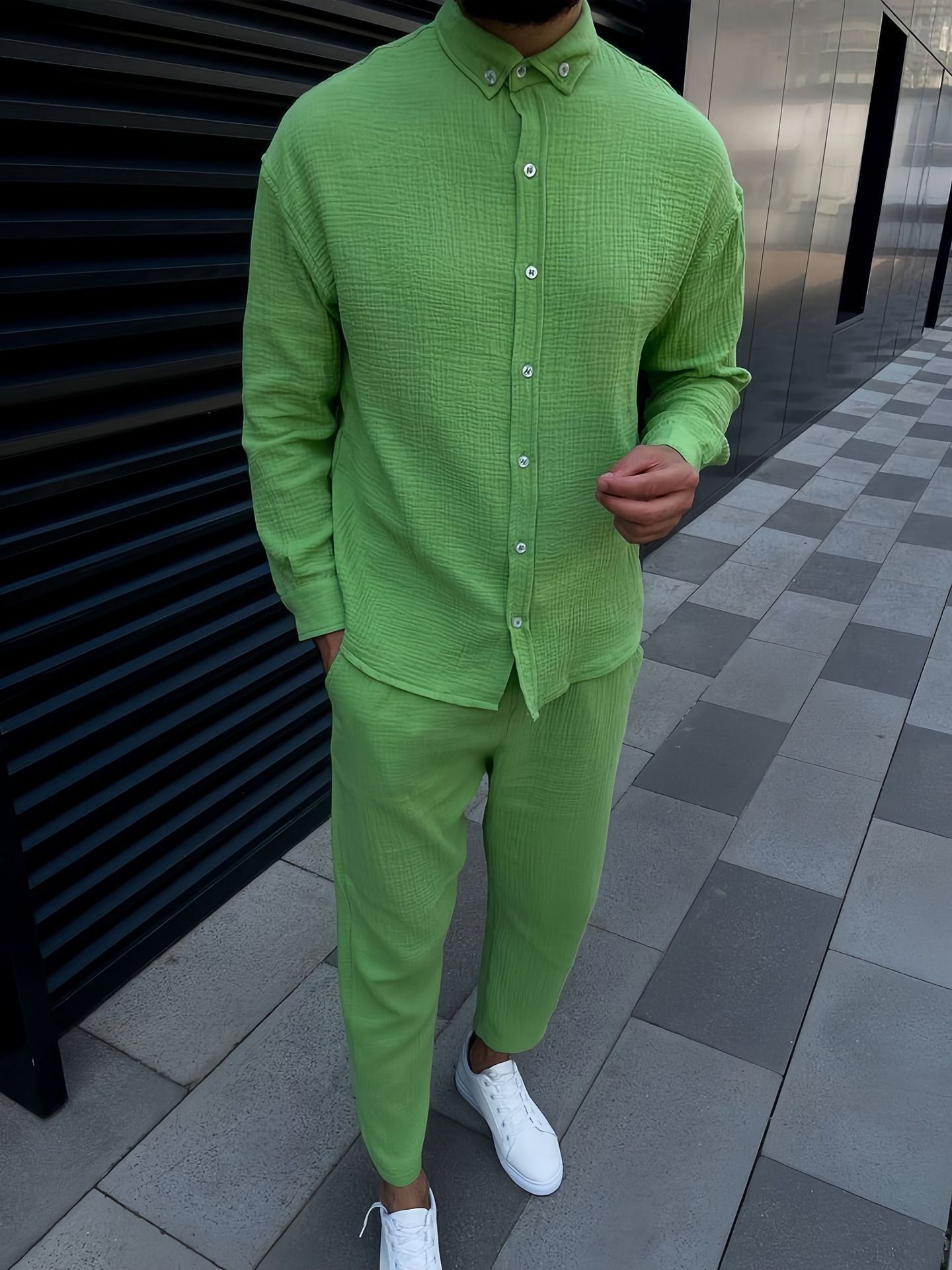 2024 Autumn men&#039;s wrinkly bubble leisure long sleeve fashion high street slim pants foreign trade two-piece set