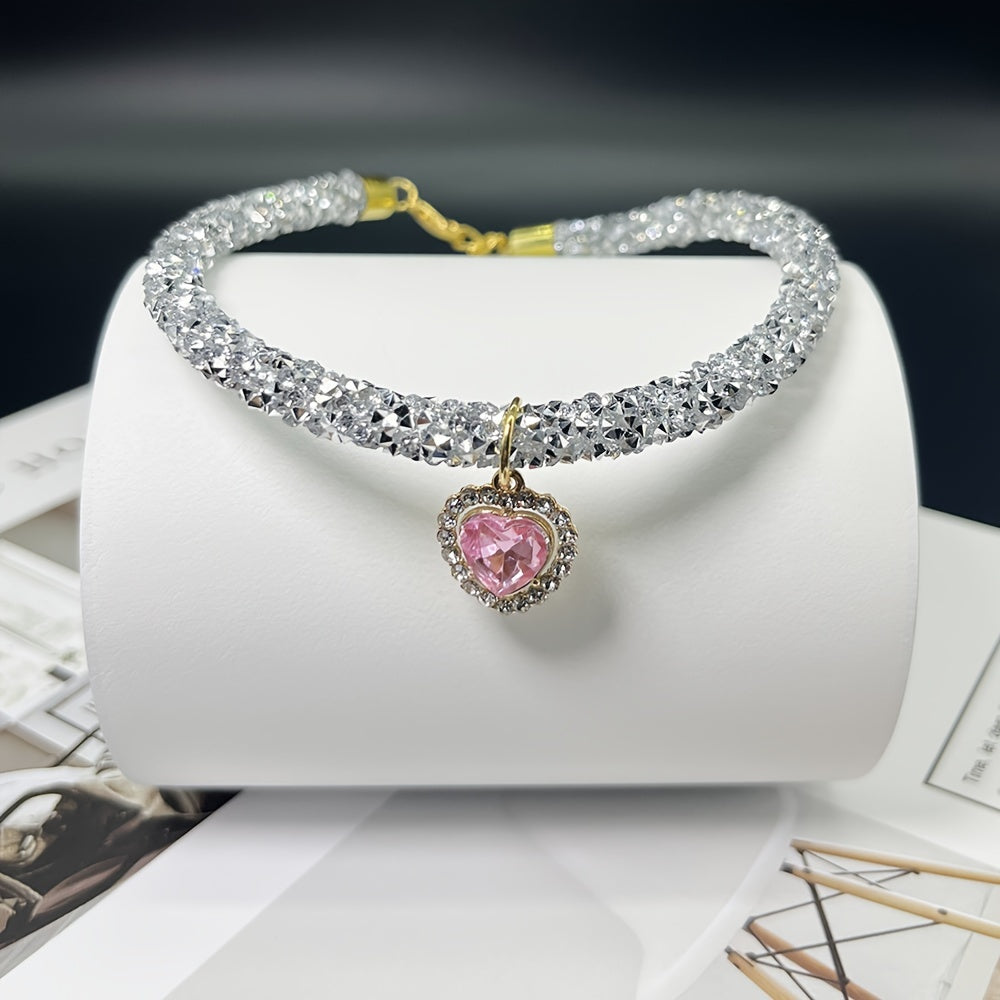 TEMU Cute Bling Pet Collar Necklace With Heart-shaped Pendant, Sparkling & Cat Accessory, Adjustable Fashion Jewelry For Small Animals