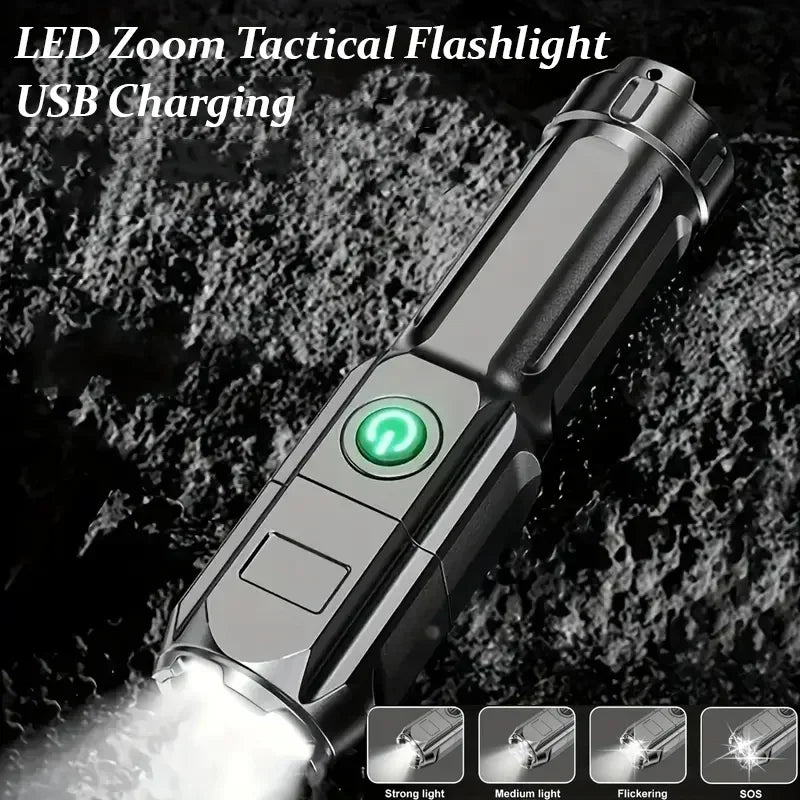 LED Flashlight Telescopic Zoom Tactical Torch Fishing Portable Spotlight 4 Lighting Modes Long-Range Outdoor Camping Flashlight
