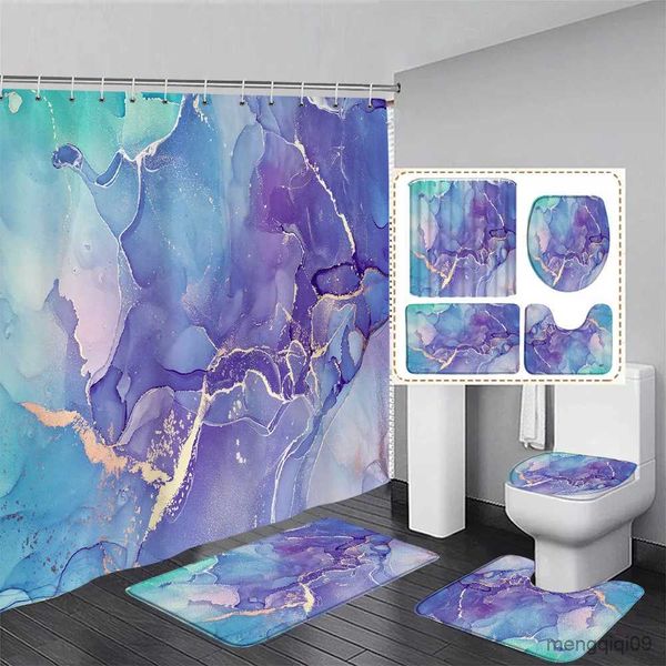 Shower Curtains Green Marble Shower Curtain Set Creative Watercolor Ink Art Geometric Modern Bathroom Decor Floor Rug Bath Mats R231101