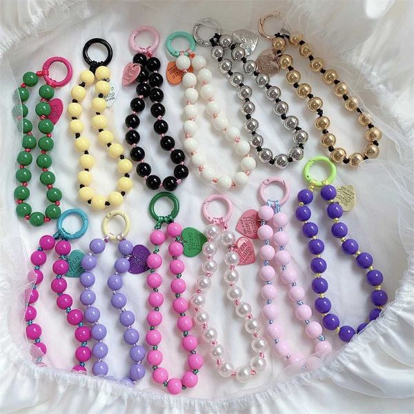Cell Straps Charms Korean Cute Love Heart Beaded Colorful Sweet Phone Bracelet For iPhone Women Accessories Anti-Lost Chain Lanyard Hanging