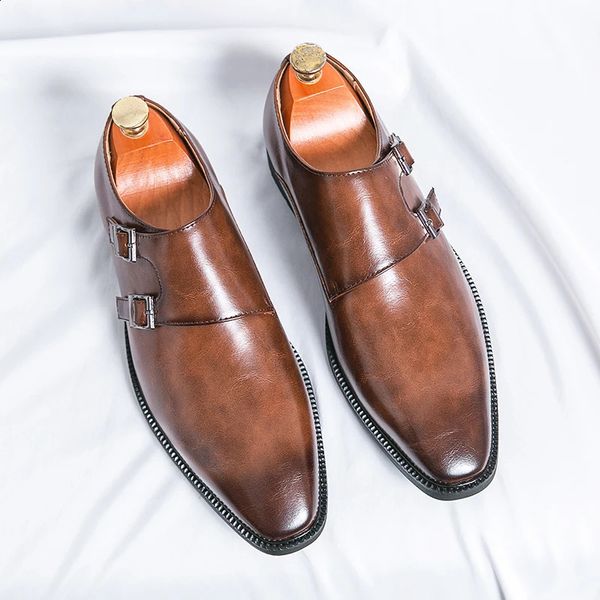 2024 Leather Shoes for Men Monk Shoes Classic Brown Wedding Shoes for Men Fashion Casual Men Shoes Evening Dress Moccasins 240605