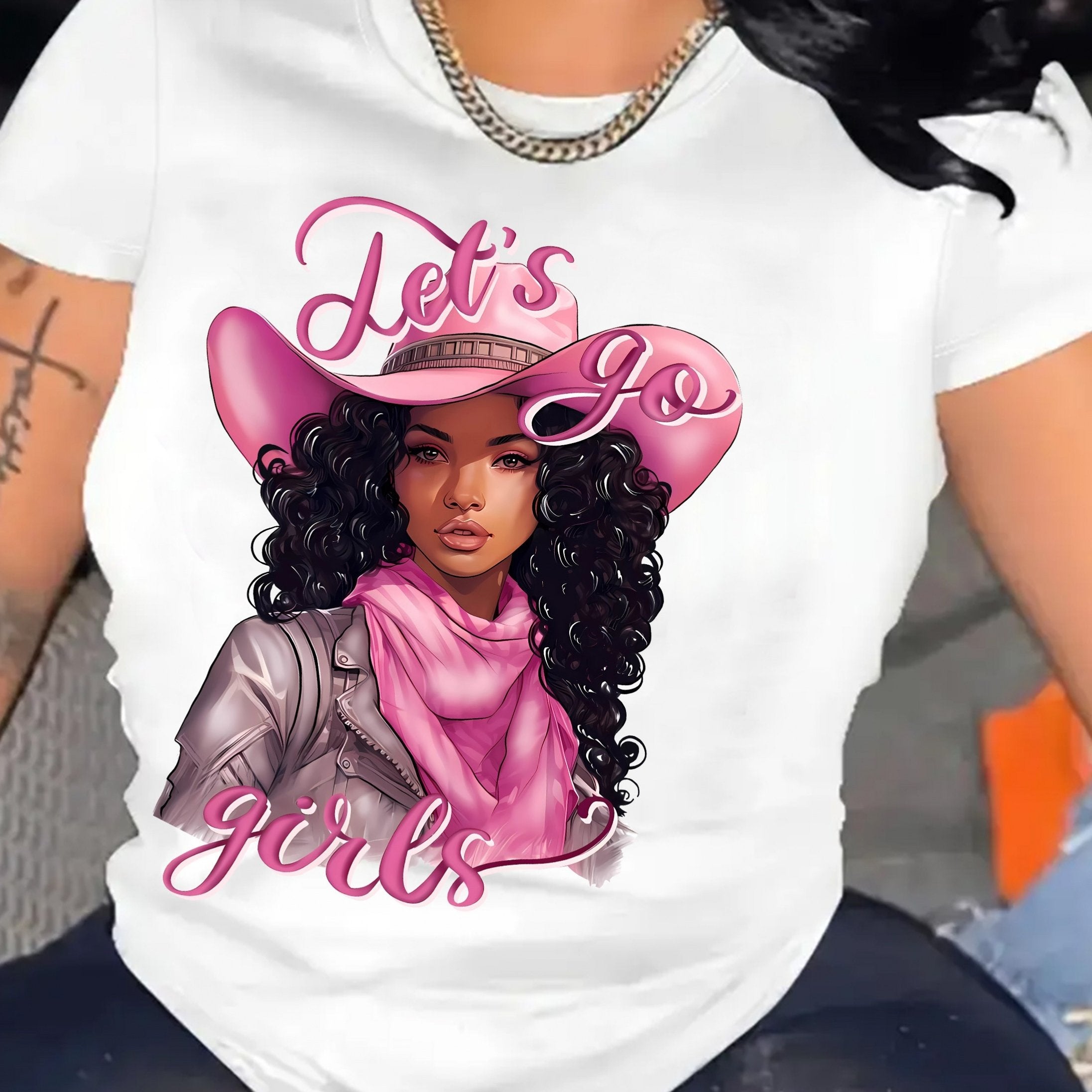 TEMU Women's "let' " Pink Western Cowboy Hat & Bandana Graphic T-shirt – Breathable Polyester, Short Sleeve Crew Neck Casual Top For