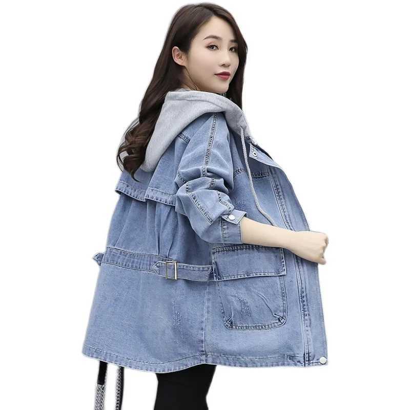2024 New Autumn Womens Denim Jacket Long Sleeve Casual Jeans Coat Hooded Loose Turn Down Collar Overcoat Femme OuterwearX240920