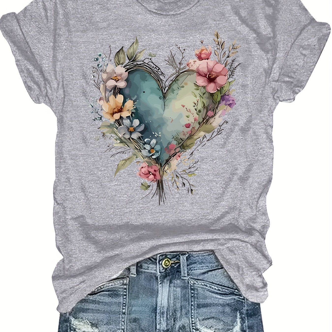 TEMU Fashionable Round-neck T-shirt With Short Sleeves And Heart In Plus Size