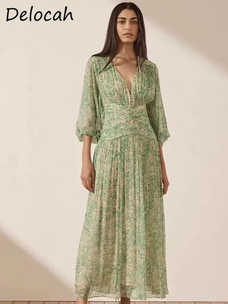 Delocah High Quality Autumn Women Fashion Runway Long Dress Lantern Sleeve High Waist Small Floral Printed Big Swing Dresses 240810