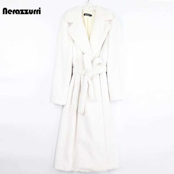 Women&#039;s Fur Faux Fur Nerazzurri Winter Long White Black Warm Fluffy Faux Fur Coat Women Long Sve Belt Lapel Stylish Korean Fashion with