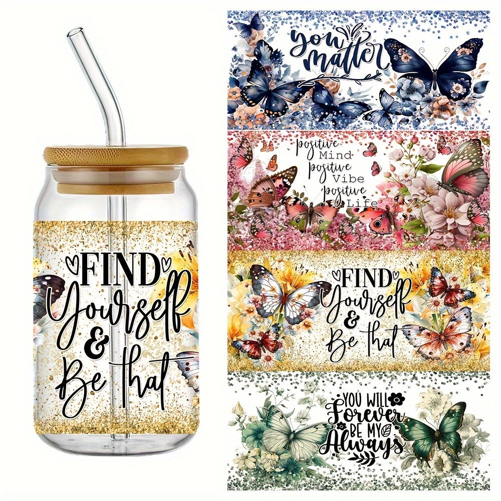 TEMU 4pcs-set Positive Uv Dtf Cup Wraps Decals Printing Self-adhesive Transfer Paper Dtf Transfer Transfer Paper For 16 Oz Glass Can Wrap, 3d