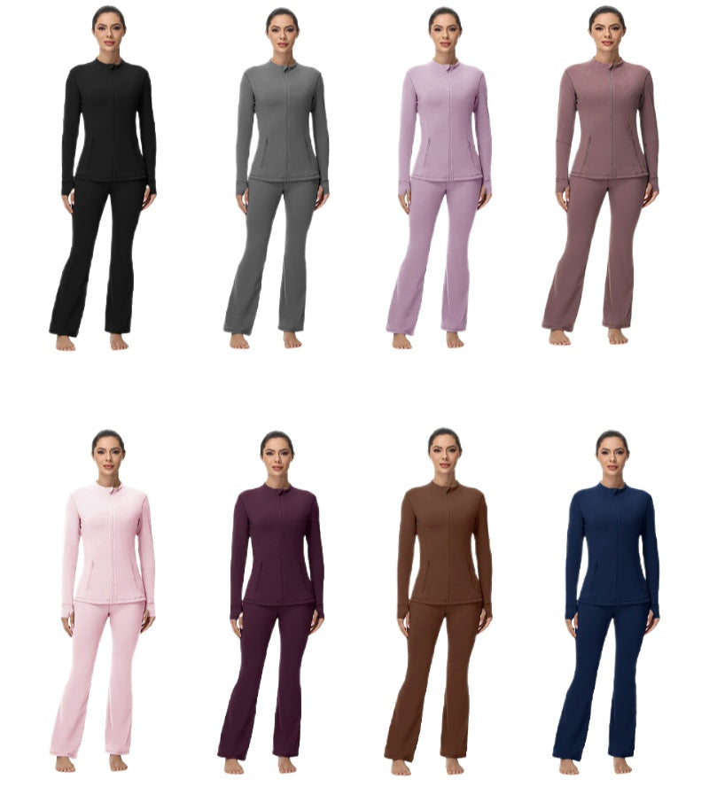 Women&#039;s Two-Piece Yoga Set - High Waisted Flared Pants with Jacket for Activewear