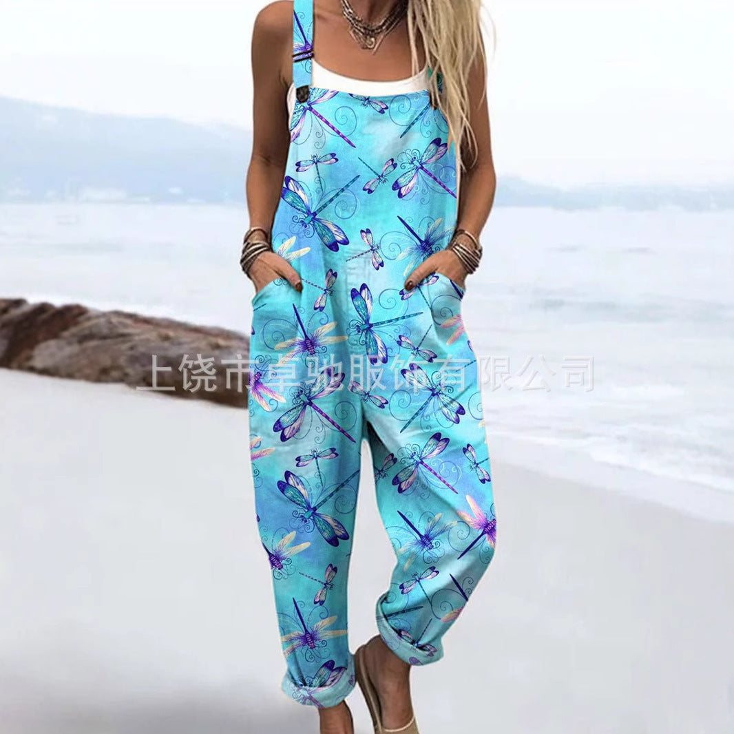 (558) European and American Summer Printed Button-up Suspenders Casual Pants