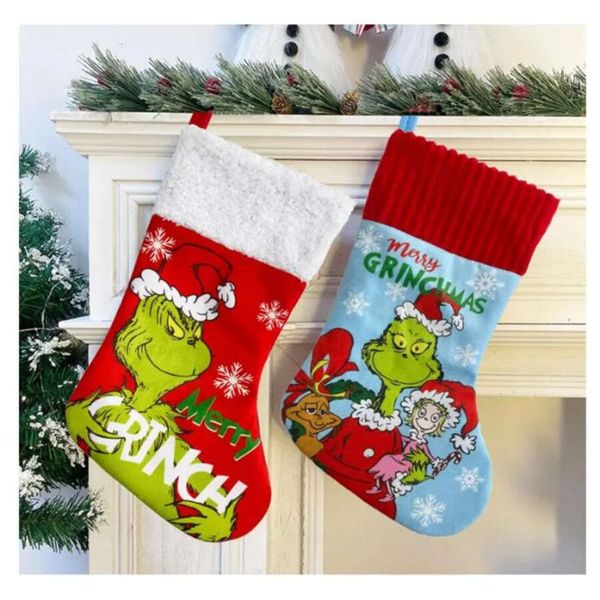 Grinch Stockings 14In Green Christmas Hanging Cartoon Elf Thief Favor Treat Stocking Santa Gift Pouch Bag For Fireplace Xmas Tree Decor