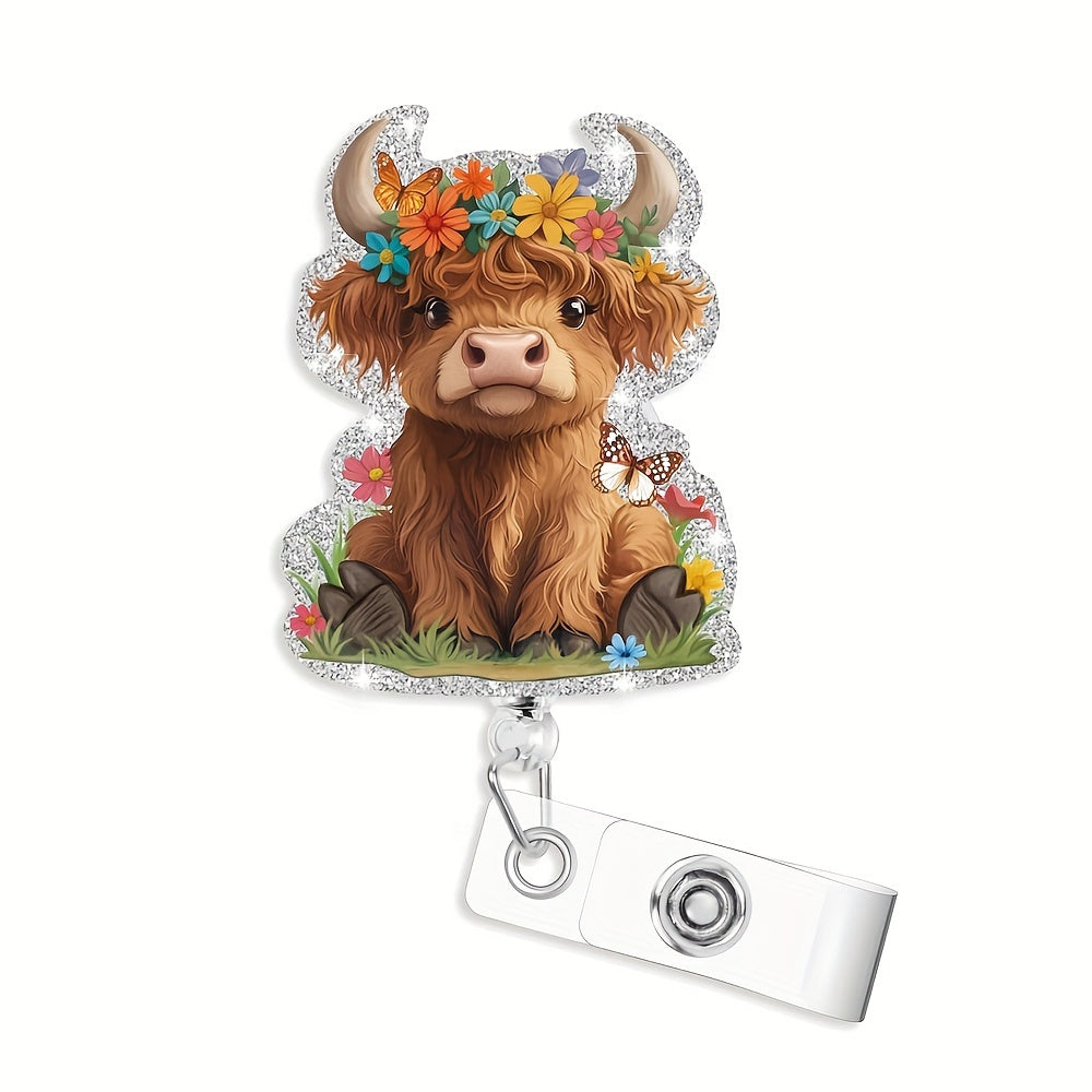 TEMU Highland Cow Badge Reel, Cute Cow Badge Clip, Funny Badge Reels Retractable For Nurses, Retractable Badge Holders With Clips, Nylon Retractable