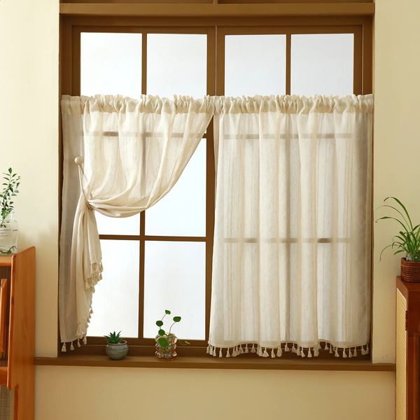 1pc Beige Linen Short Curtain Rod Pocket Japanese Boho Style Half for Small Windows and Door Decor Protect Privacy Sheer Curtains 250113
