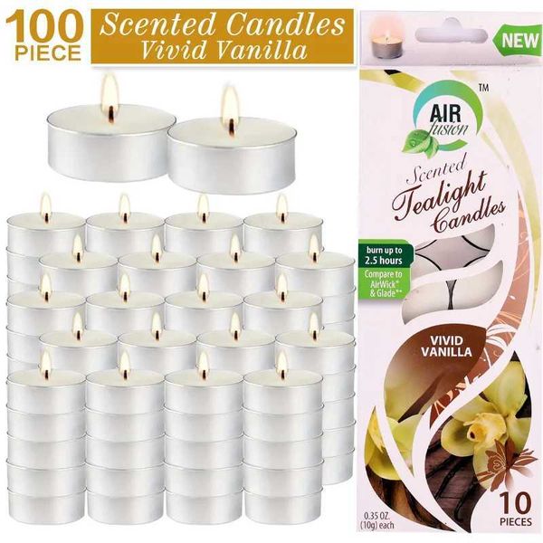 Air Fusion 100 Count Tea Lights Candles Beige Vivid Vanilla Scented 2.5 Hours Smoke- Drip- And Long-la AratherapyT250116