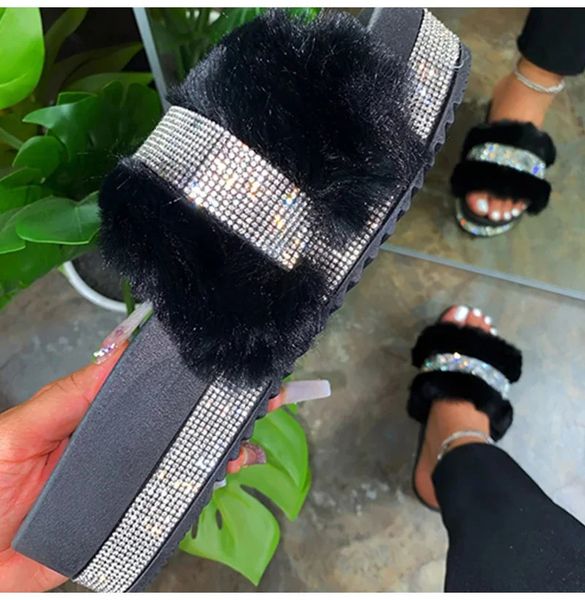 Fur slider womens 2024 fashionable summer fur slider womens rhinestone sandals fluffy womens shoes flash indoor diamond shoes 240611
