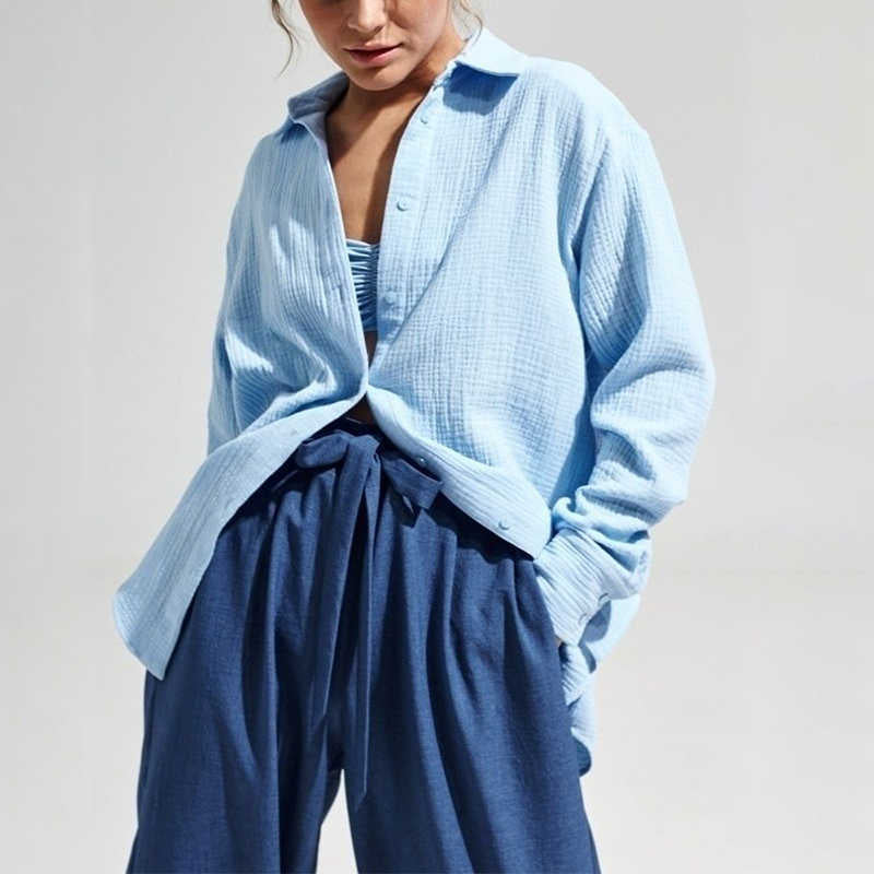 Bornladies 2023 Women&#039;s Spring Summer 100% Cotton Shirts Office Lady Fashionable Solid Lady Long Sleeve Loose Tops Crepe Shirts