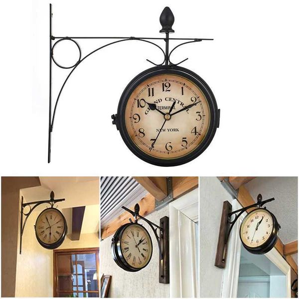 Double sided waterproof wall clock retro wrought iron metal wall clock silent indoor and outdoor home garden wall clock decoration W250107
