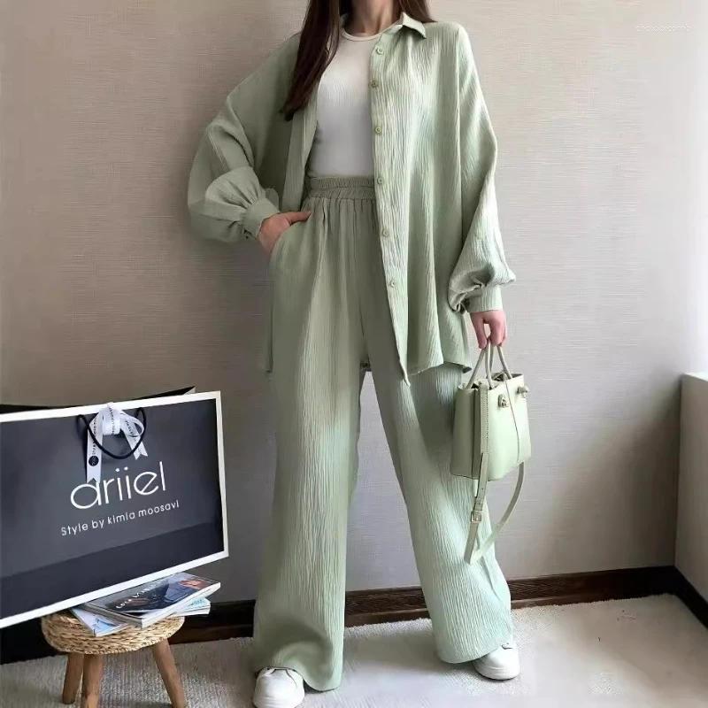 Women&#039;s Two Piece Pants Women Set Single Breasted Turn Down Collar Blouses Straight Pant Sets High Street Pockets Loose Button Solid