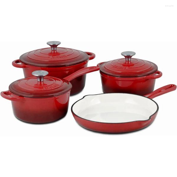 Enameled Cast Iron Cookware Set 7-Piece Set, Nonstick, Oversized Handles, Oven Safe, 10.25 Skillet, 2QT Saucepan, Black