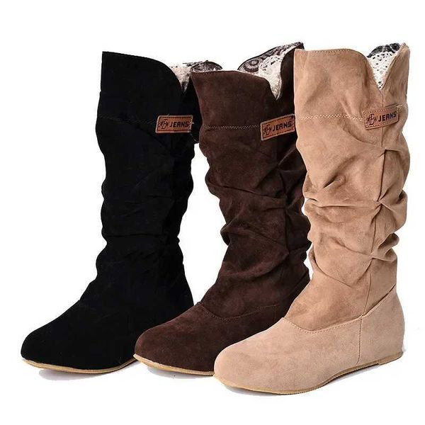 2024 New Womens Fosted Mid Tube Botas plissadas com renda plana Retro Knight Boots Winter Warm Fashion Leisure Shoes para WomenC241125