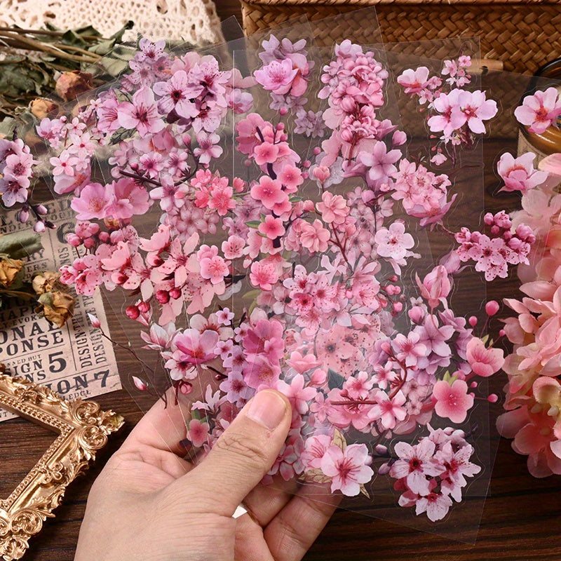 TEMU 6 Sheets-pack Artistic Peach Pattern Peach Pink Floral Stickers Pet Transparent Cherry Decals For Mobile Phone Case Water Cup Computer Diy