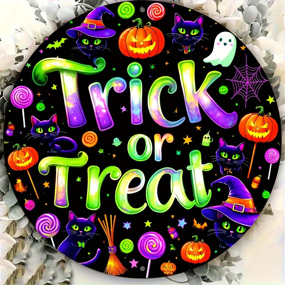 TEMU 2d Flat - Vintage Halloween Aluminum Sign - "trick Or Treat" Round Wall Hanging Decor With Colorful Pumpkins, Bats, And , 8x8 Inches, Home,