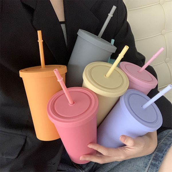 Mugs Candy Color Double-layer Plastic Straw Cup Coffee Cup Plastic Frosted Handy Water Cup Easy To Carry Straw Kettle Sports Bottle 230224