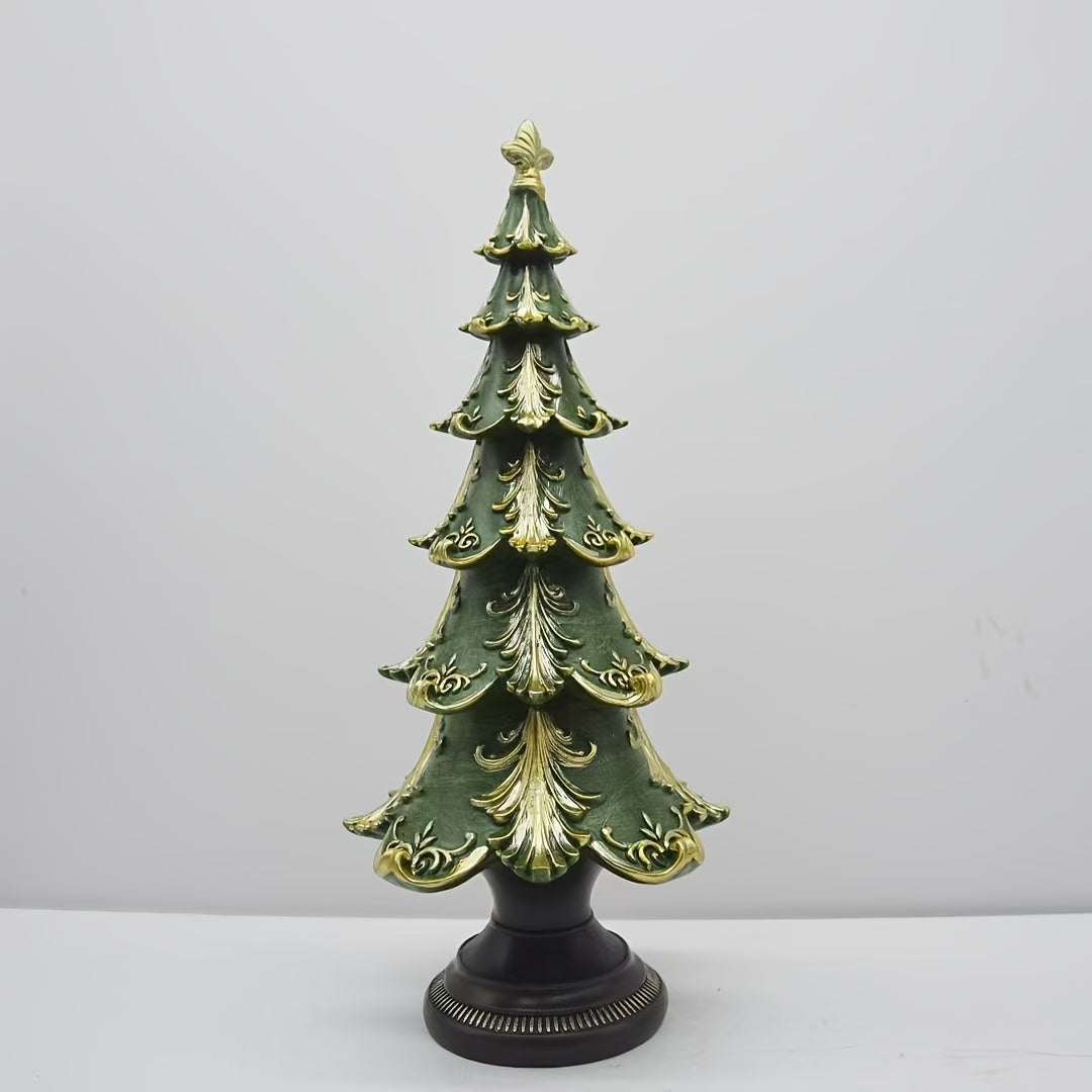 TEMU Christmas Tree Tabletop Decor - Elegant Green & Golden Holiday Centerpiece, Durable Resin Construction For Indoor-outdoor Use - No Electricity