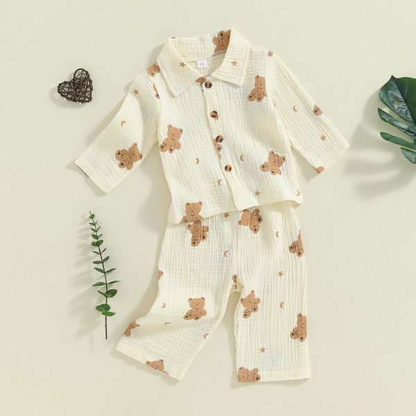 MISOWMNJOY long sleeved childrens sleepwear for girls and boys autumn and winter sleepwear set bear pattern lapel button top pants childrens