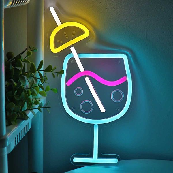 New Arrival 1 piece of juice cocktail glass with lemon curved bubble LED wall light neon light used for decorating bar and club events 6.38