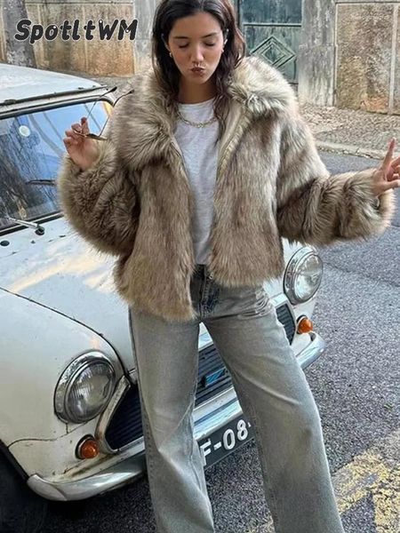 Women&#039;s Fur 2024 Winter Fluffy Coat Women Casual Lapel Long Sleeve Faux Cropped Jacket Female Soft Thick Warm Short Outerwear
