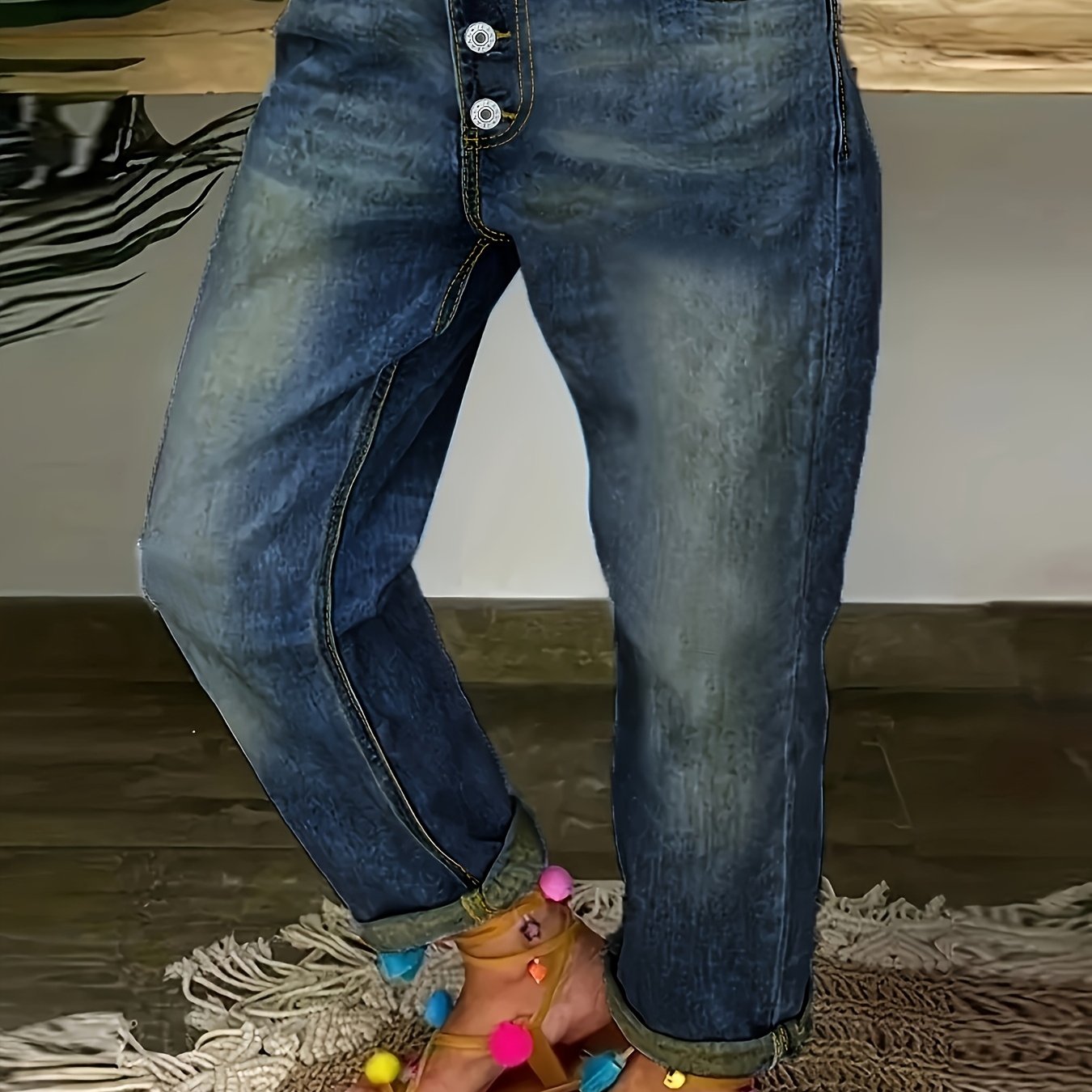 TEMU Women's Casual Straight-leg Denim Jeans - Mid-rise, Single-breasted, Blue With Practical Pockets, For Casual Attire, Jeans|button Fly