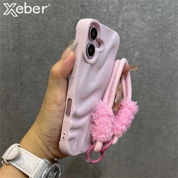 Pleated Water Ripple Soft Silicone Phone Case Suitable for iPhone 16 11 14 13 15 Pro Max Half Plush Bracelet Tether Matte Cover M241209