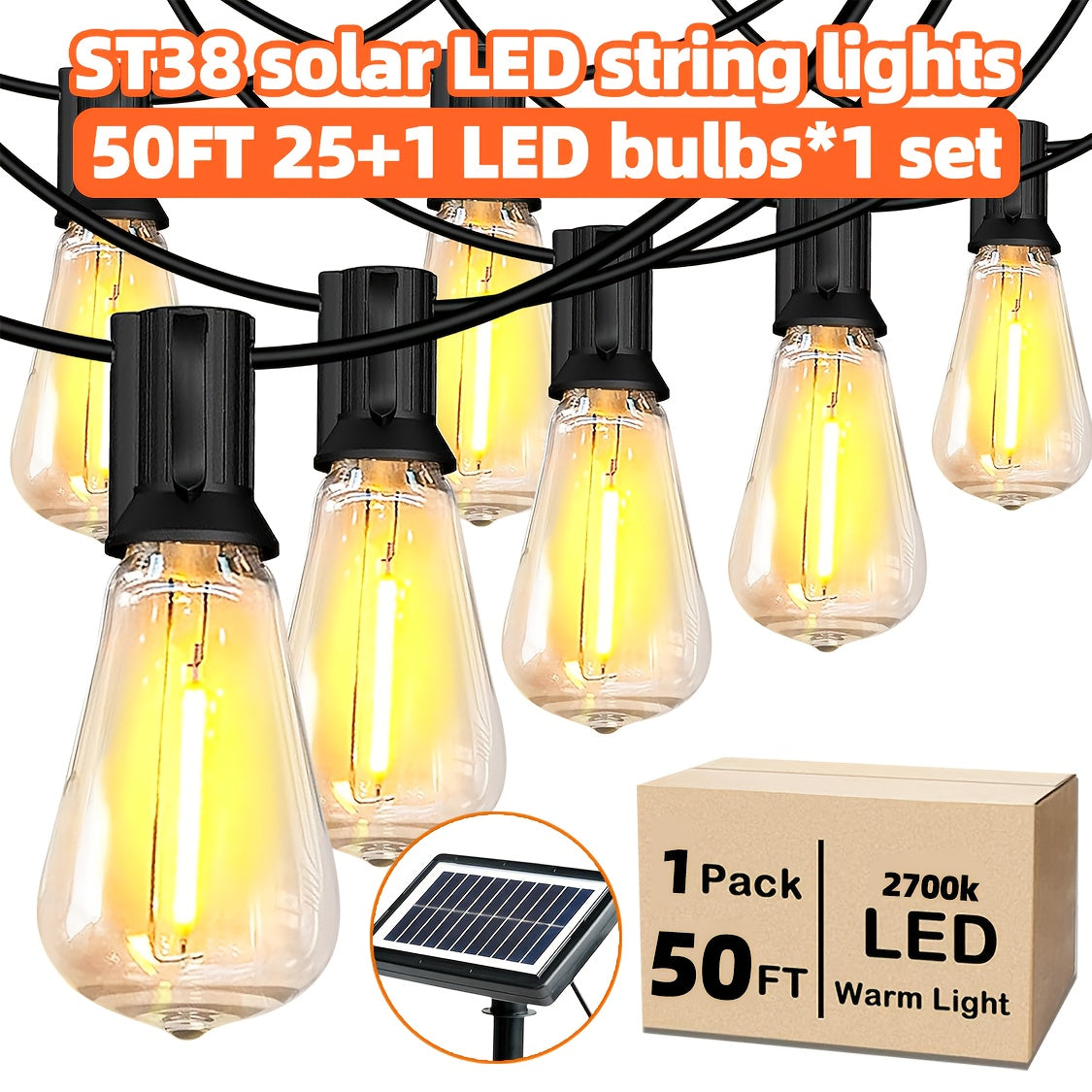 TEMU 50ft Led Outdoor String Lights, Patio Lights With 25 Shatterproof St38 Edison Bulbs, 2700k Dimmable Lights String, Outside Hanging String With