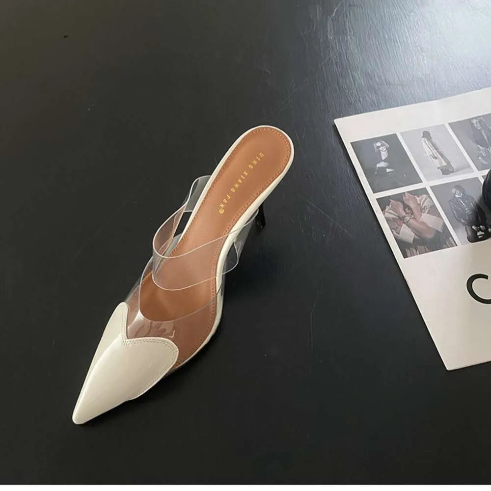 Toe CHMURY Heart Pointed High Heels Mules Sandals Slipper For Women 2024 Black White Red Shoes