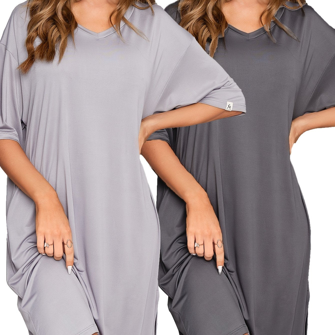 TEMU 2 Pcs Women's V-neck Sleepwear Dresses - Nightgowns Loungewear, Soft Comfortable Nightshirts