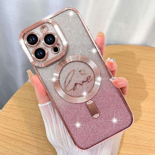 16 iPhone 3 esigned Pro Max Glitter Plating Love Heart Compatible MagSafe Case with Camera Protector Protection Shockproof Cover for Women t