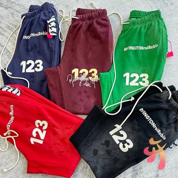Calça masculina estoque 24sss lavados rrr123 Sorto de moletom Hiphop Street Splash Ink drstrCasual Sports Logo de joggpants homens homens j2