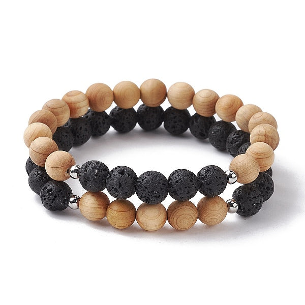 Stretcharmband aus natürlichem Lavastein und runden Holzperlen