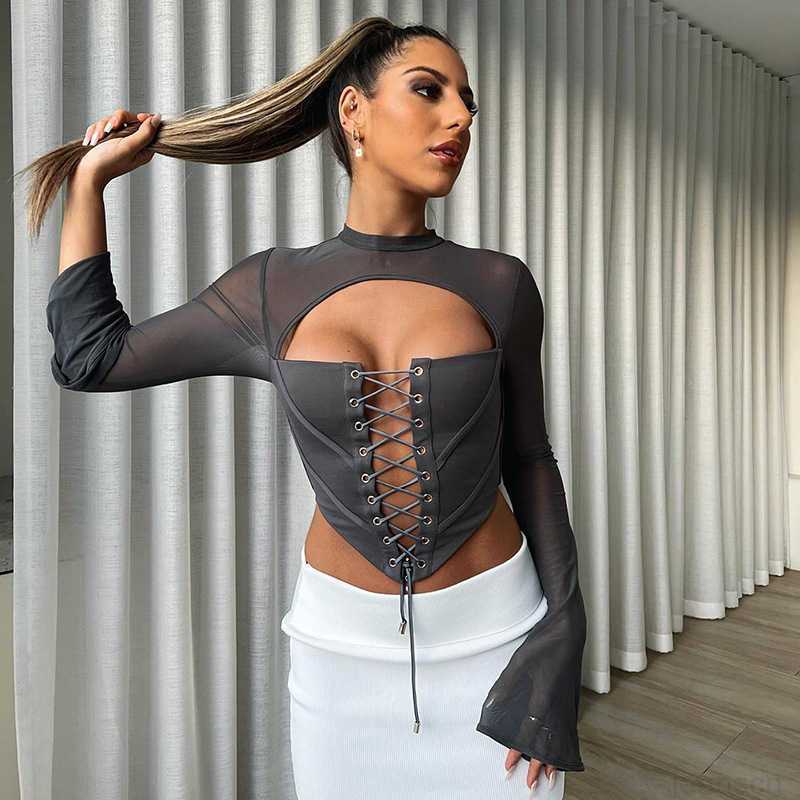 Women&#039;s T-Shirt Women&#039;s fashion shirts summer New Solid Casual Backless Round Neck Long Sleeve Strap Mesh Slim Top