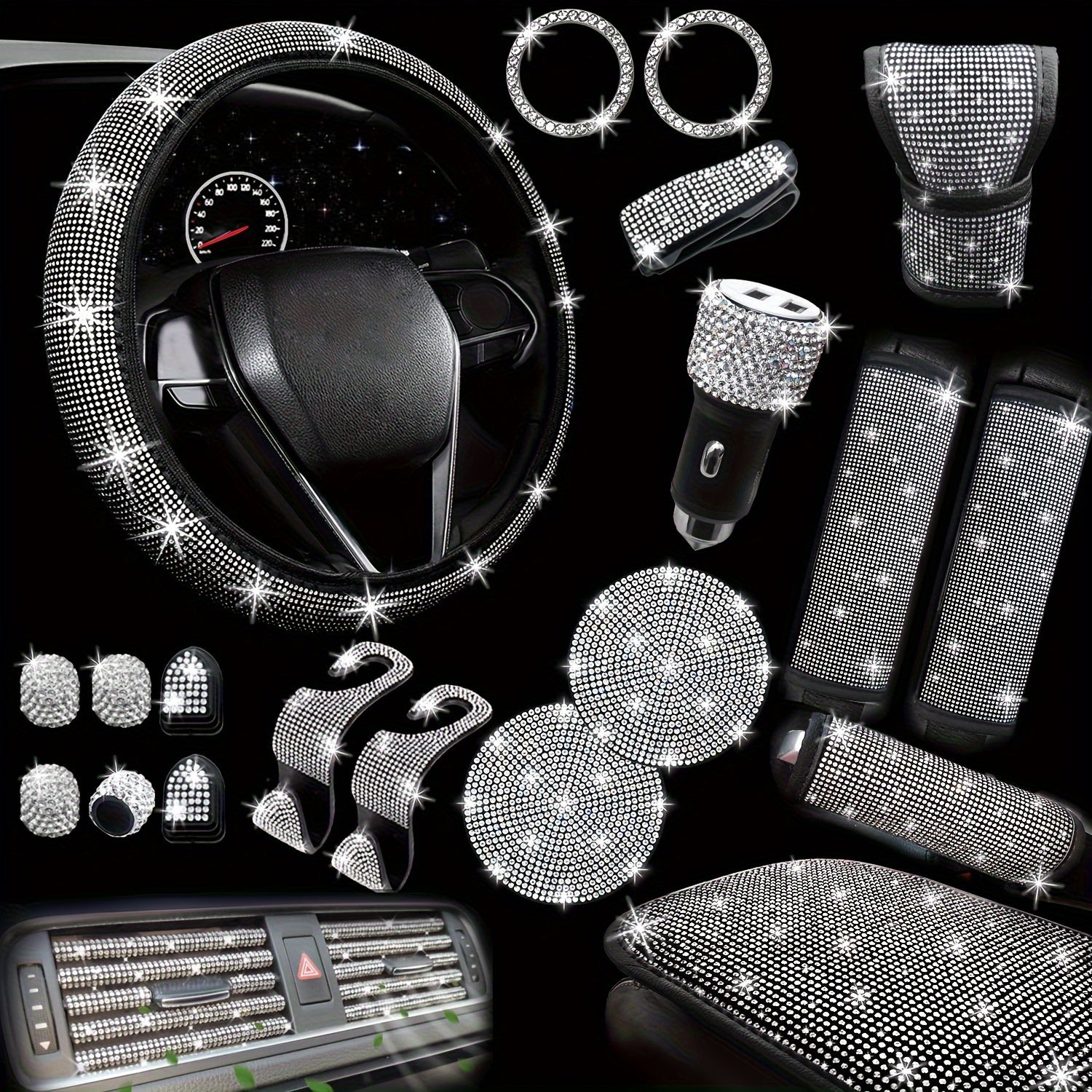 TEMU 30pcs Bling Car Accessories Set For Women, Steering Wheel Covers Universal Inch, Seat Belt Covers, Armrest Cover, Gear Shift Covers