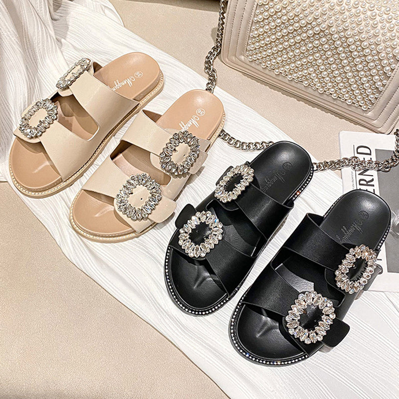 2025 Brand Rhie Buckle Sandals Women Double Band Slippers Crystal Shoes Ladies Casual Slides Slip On Flat Heels 4b48