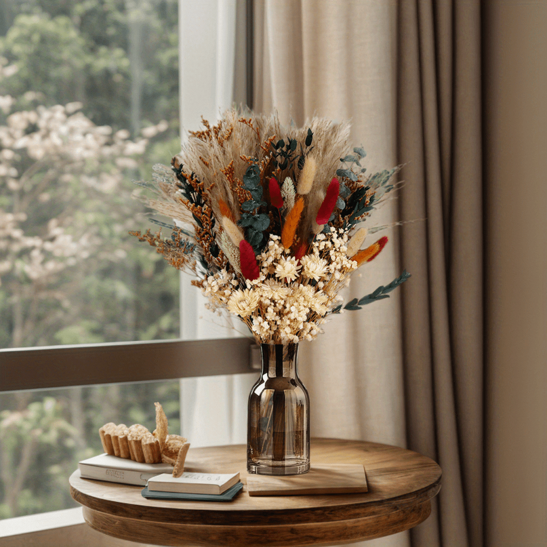 TEMU Bohemian Dried Flower Bouquet In Glass Vase - Pampas Grass, Baby’s Breath, Eucalyptus & Arrangement, Plastic Artificial Flowers For Home Decor,