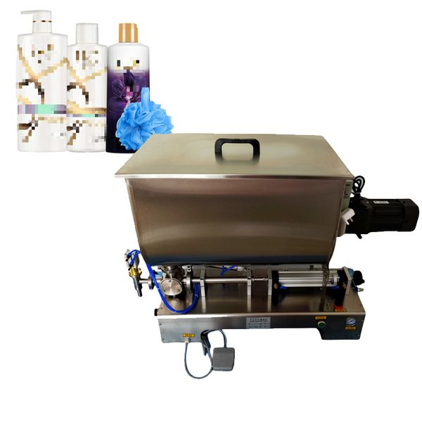 Big hopper horizontal thick paste fill high viscosity hot dip pot chili sauce filling machine with mixer